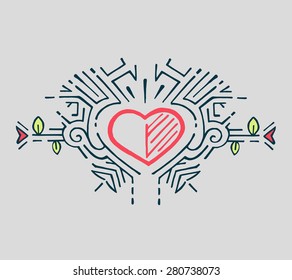 Hand drawn vector illustration or drawing of a heart with lines and flowers