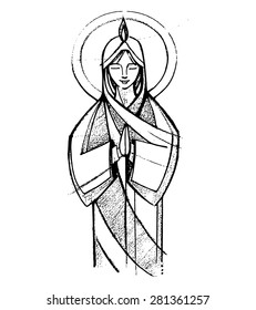 Hand drawn vector illustration or drawing of Virgin Mary at Pentecost Biblical passage