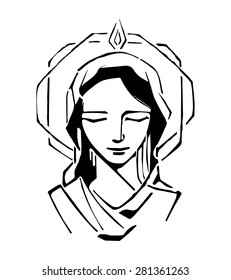 Hand drawn vector illustration or drawing of Virgin Mary at Pentecost Biblical passage