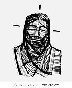 Hand drawn vector illustration or drawing of Jesus Christ Serene Face