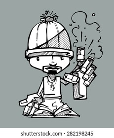 Hand drawn vector illustration or drawing of a cartoon graffitti artist with a spray paint can