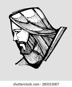 Hand drawn vector illustration or drawing of Jesus Christ facing side