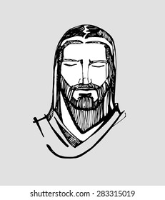 Hand drawn vector illustration or drawing of Jesus Christ face in a concentrated expression