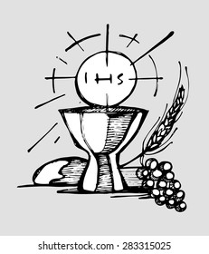 Hand drawn vector illustration or drawing of a Cup, a Host, bread, grapes and wheat, representing Eucharist Catholic Sacrament