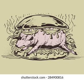 Hand drawn vector illustration or drawing of a pork sandwich