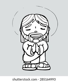 Hand drawn vector illustration or drawing of a cartoon of Jesus Christ smiling and praying