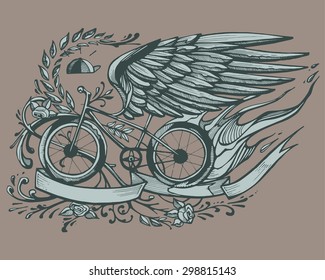 Hand drawn vector illustration or drawing of a bicycle with eagle wings, roses and a wreath