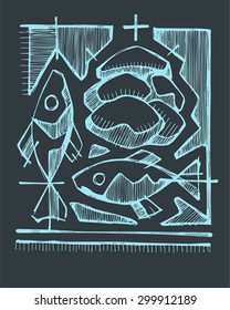 Hand drawn vector illustration or drawing of 2 fishes and 5 breads, representing Catholic Sacrament of Eucharist