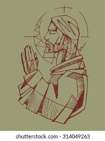 Hand drawn vector illustration or drawing of Jesus Christ praying