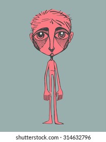 Hand drawn vector illustration or drawing of a shy boy with big eyes and long arms and legs