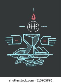 Hand drawn vector illustration or drawing of a cup and a Host with the letters IHS, a pair of open wounded hands, a fish and breads, representing catholic Eucharist Sacrament