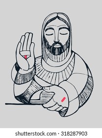 Hand drawn vector illustration or drawing of Jesus Christ blessing
