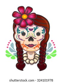 Hand drawn vector illustration or drawing of a mexican traditional catrina skull cartoon skull with flowers and braids