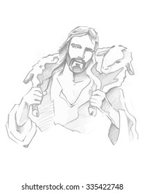 Hand drawn vector illustration or drawing of Jesus Good Shepherd