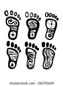 Hand drawn vector illustration or drawing of a some foot silhouettes with different symbols in them