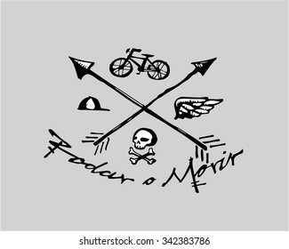 Hand drawn vector illustration or drawing of a bicycle, a pair of bones and a cap with the phrase in spanish Rodar o morir, wich means Ride or die