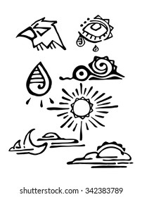 Hand drawn vector illustration or drawing of some prehispanic ethnic indigenous symbols