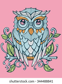 Hand drawn vector illustration or drawing of an owl on a tree branch