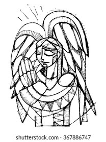 Hand drawn vector illustration or drawing of a Guardian Praying Angel