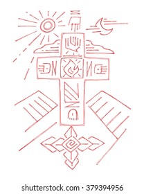 Hand drawn vector illustration or drawing of a religious Cross with different symbols