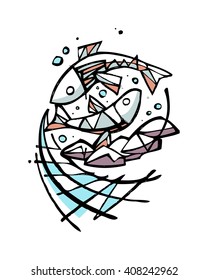 Hand drawn vector illustration or drawing of five breads and two fishes, representing the biblical miracle of Jesus Christ