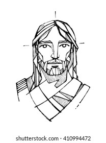 Hand drawn vector illustration or drawing of Jesus Christ Face