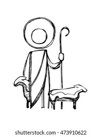 Hand drawn vector illustration or drawing of Jesus Christ Good Shepherd