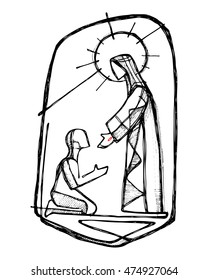 Hand Drawn Vector Illustration Or Drawing Of Jesus Christ Healing A Man In A Minimalist Style