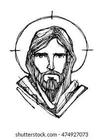 Hand drawn vector illustration or drawing of Jesus Christ face