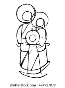 Hand drawn vector illustration or drawing of Jesus Sacred Family in a minimalist style