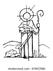 Hand drawn vector illustration or drawing of Jesus Christ as a Good Shepherd in a minimalist style