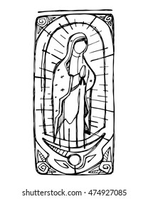 Hand drawn vector illustration or drawing of Mary Virgin of Guadalupe