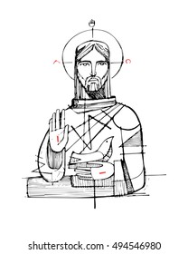 Hand drawn vector illustration or drawing of Jesus Christ and religious symbols