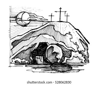 Hand drawn vector illustration or drawing of Jesus Christ empty tomb