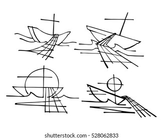 Hand drawn vector illustration or drawing of the religious symbol of a row boat, nets and a Cross