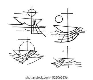 Hand drawn vector illustration or drawing of the religious symbol of a row boat, nets and a Cross