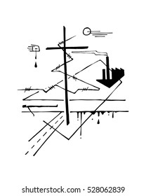 Hand drawn vector illustration or drawing of a religious Cross and other symbols representing some of the world problems