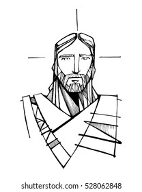Hand drawn vector illustration or drawing of Jesus Christ face