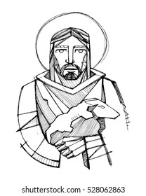 Hand drawn vector illustration or drawing of Jesus Christ as Good Shepherd carrying a sheep