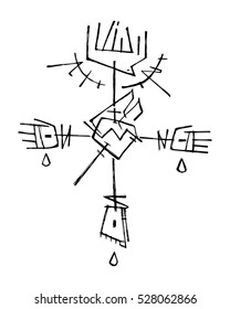 Hand drawn vector illustration or drawing of Jesus Christ Cross with different religious symbols