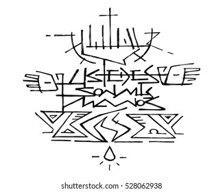 Hand drawn vector illustration or drawing of Jesus Christ at the Cross and the phrase in spanish: Ustedes son mis manos, wich means: You are my hands