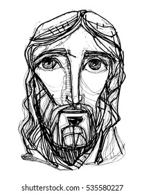 Hand drawn vector illustration or drawing of Jesus Christ face in an expressionist style