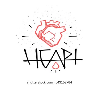 Hand drawn vector illustration or drawing of a human heart and the word heart