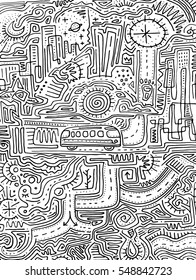 Hand drawn vector  illustration or drawing of an urban maze and symbols