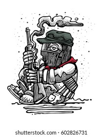 Hand drawn vector illustration or drawing of a mexican zapatist rebel soldier with rifle