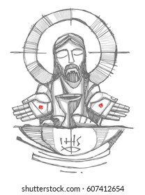 Hand drawn vector illustration or drawing of Jesus Christ with wine, bread and open hands