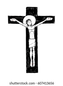 Hand drawn vector illustration or drawing of Jesus Christ at the Cross