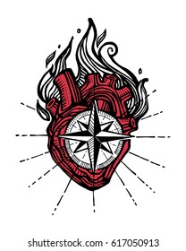 Hand drawn vector illustration or drawing of a human hand with a compass and fire