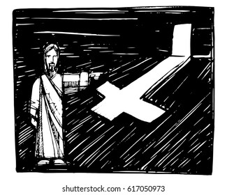 Hand drawn vector illustration or drawing of Jesus Christ inviting to walk with him