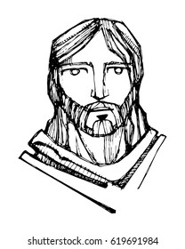 Hand drawn vector illustration or drawing of Jesus Christ Face
